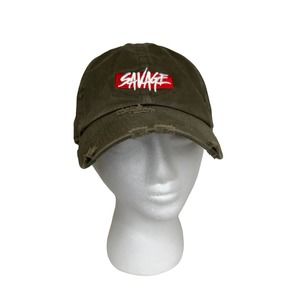 K Bethos Baseball Cap SAVAGE Decal Green Distressed Canvas Adjust Strap Back B06